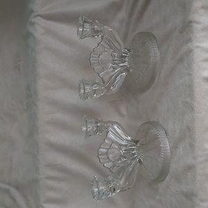 Pair Iris & Herringbone clear depression glass candle stick holders